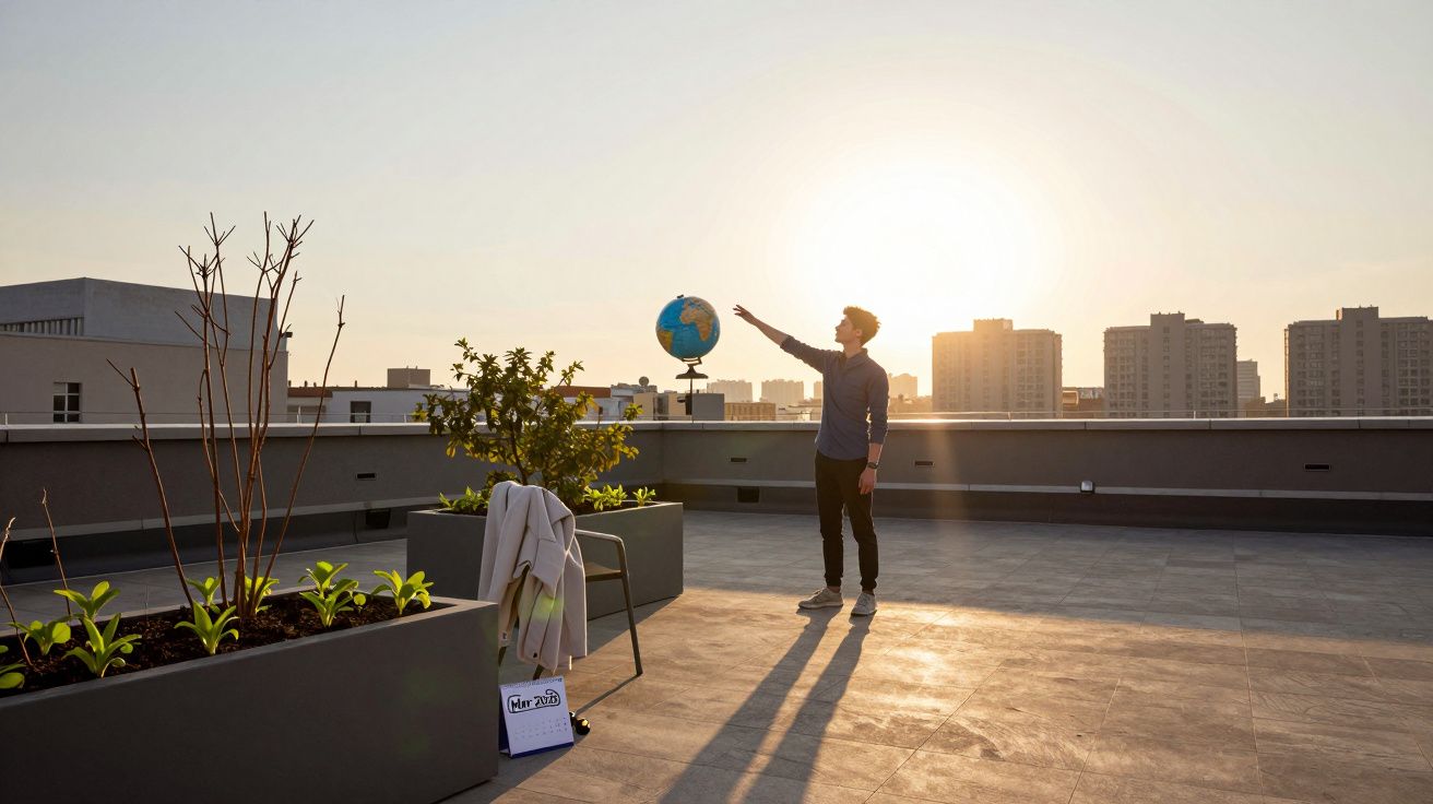 Homem numa varanda ao pôr do sol, apontando para um globo terrestre numa paisagem urbana.