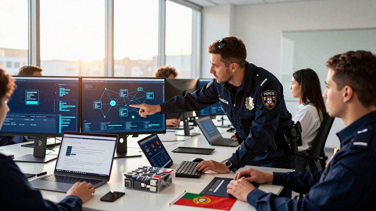 Polícia portuguesa analisa dados digitais em ecrãs num escritório moderno, com bandeira de Portugal na mesa.