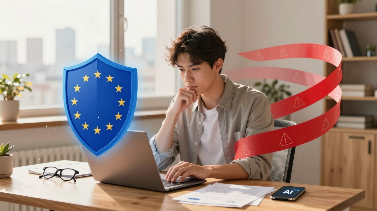 Jovem sentado a trabalhar no portátil com escudo da União Europeia e fita vermelha de alerta à volta.