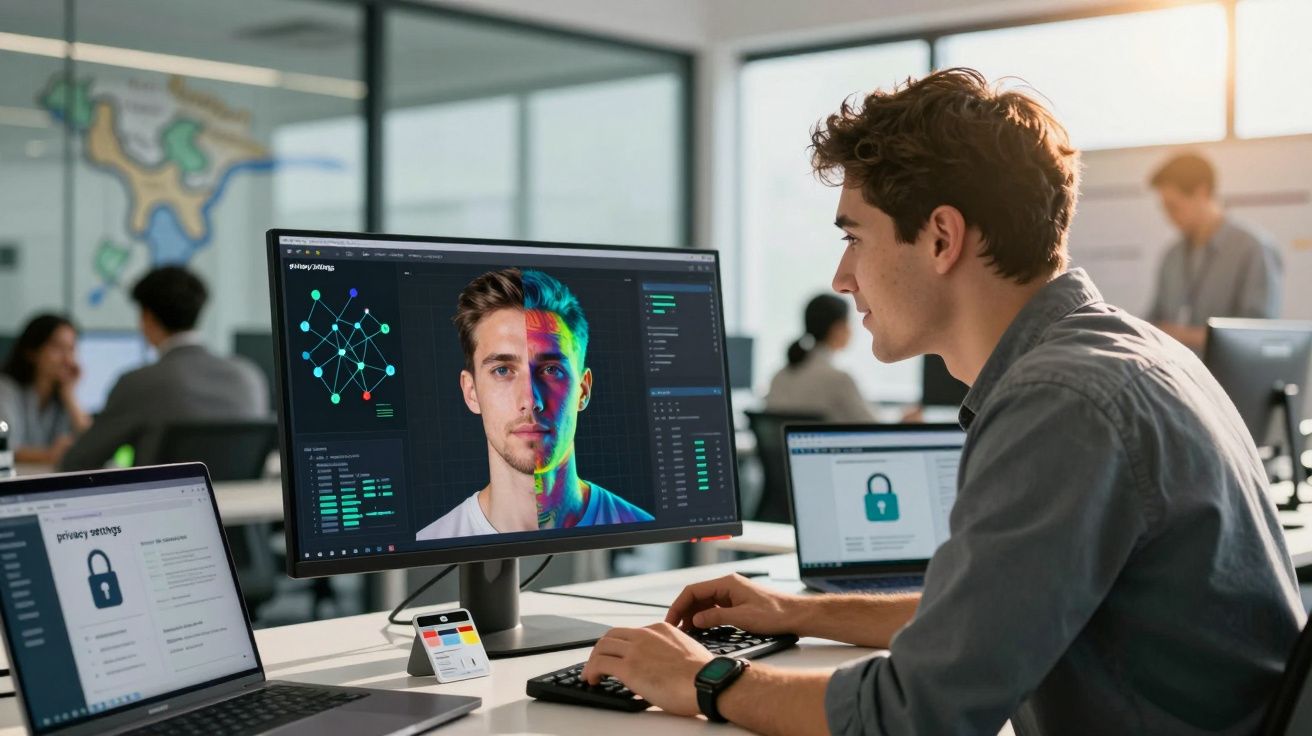 Homem a trabalhar em computador com imagem facial e gráficos num escritório moderno.