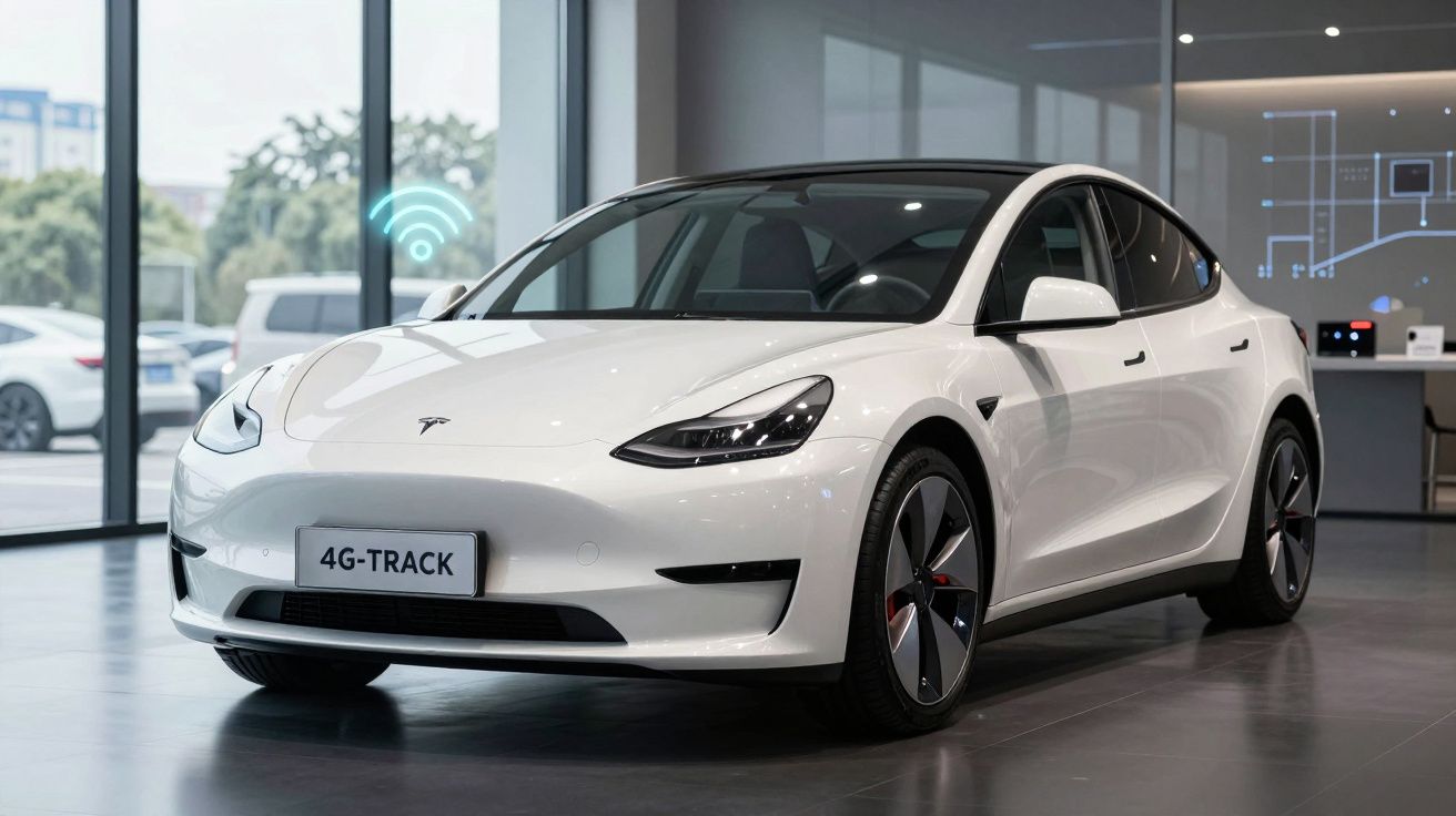 Carro elétrico branco Tesla Model 3 estacionado numa sala de exposição moderna.