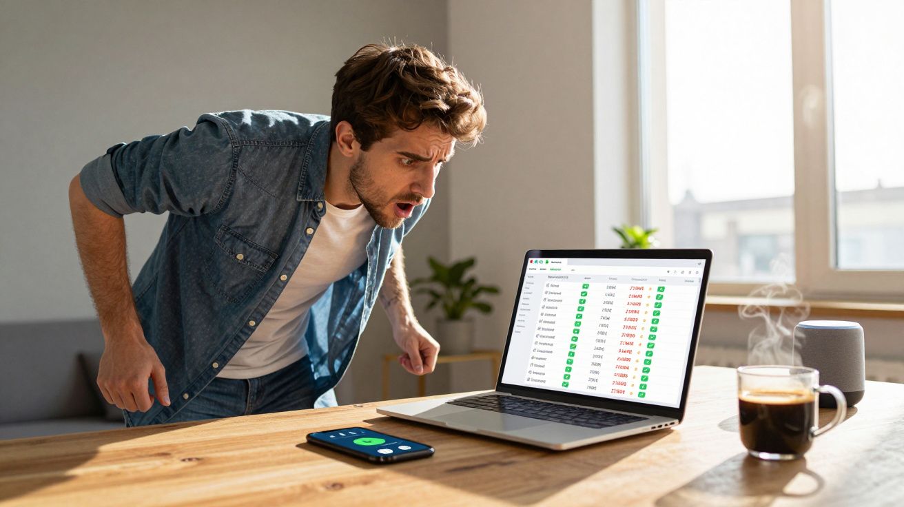 Homem surpreendido a olhar para ecrã de computador com gráficos e telemóvel na mesa de madeira.