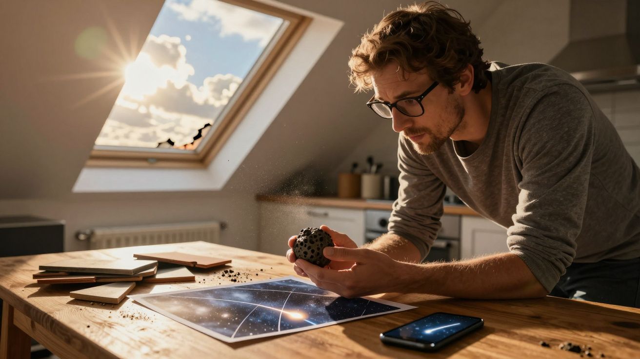 Homem com óculos analisa amostra de rocha espacial numa cozinha iluminada pela luz natural.
