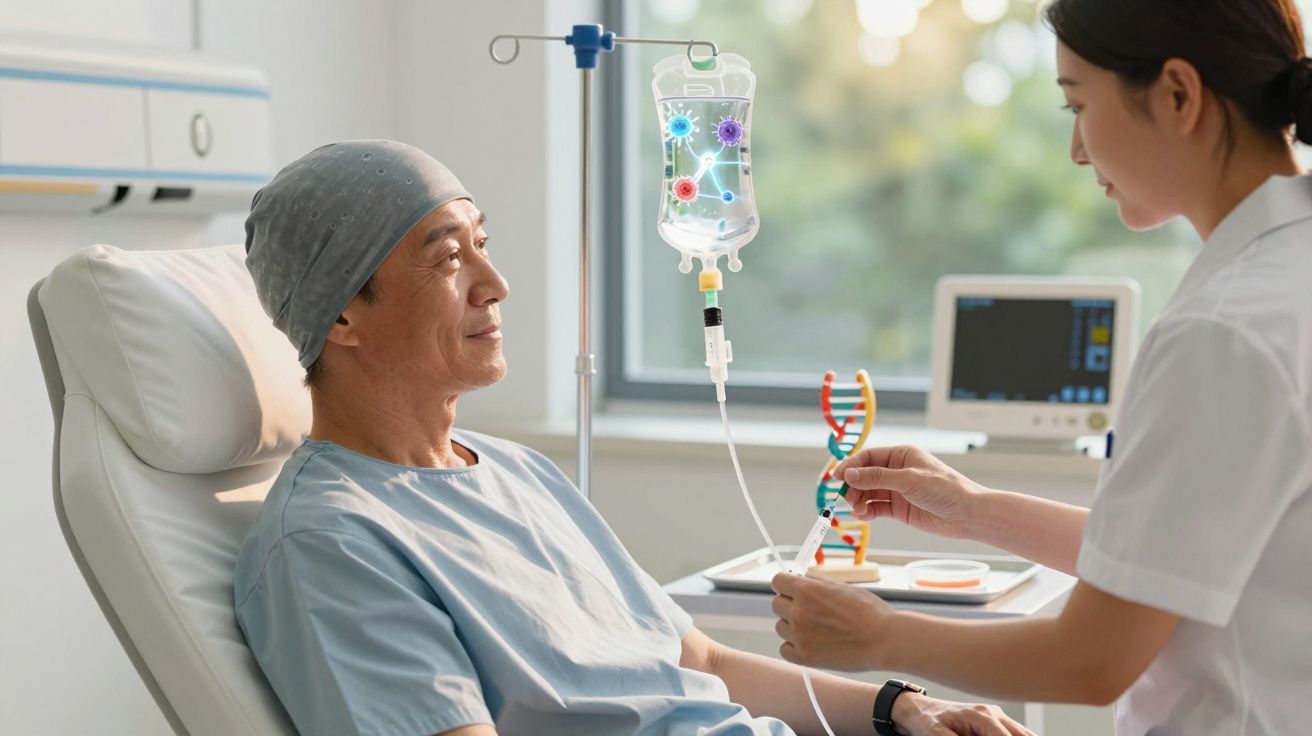 Paciente em cadeira hospitalar recebe tratamento intravenoso enquanto profissional de saúde mostra modelo de DNA.