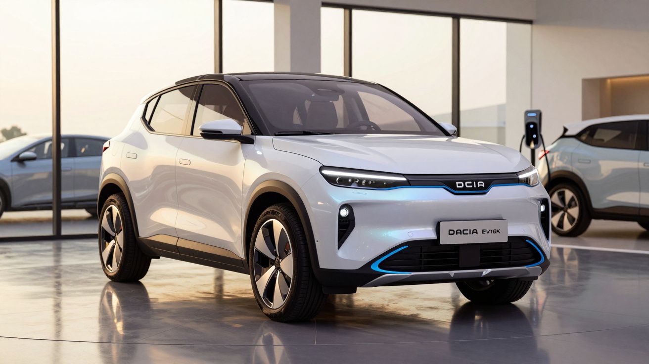 Carro elétrico branco Dacia EV1 0K em exposição numa sala moderna com grandes janelas de vidro.