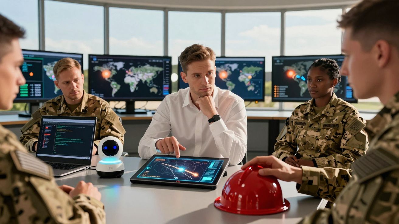 Equipa militar em reunião de estratégia com mapas digitais e equipamentos tecnológicos numa sala de controlo.