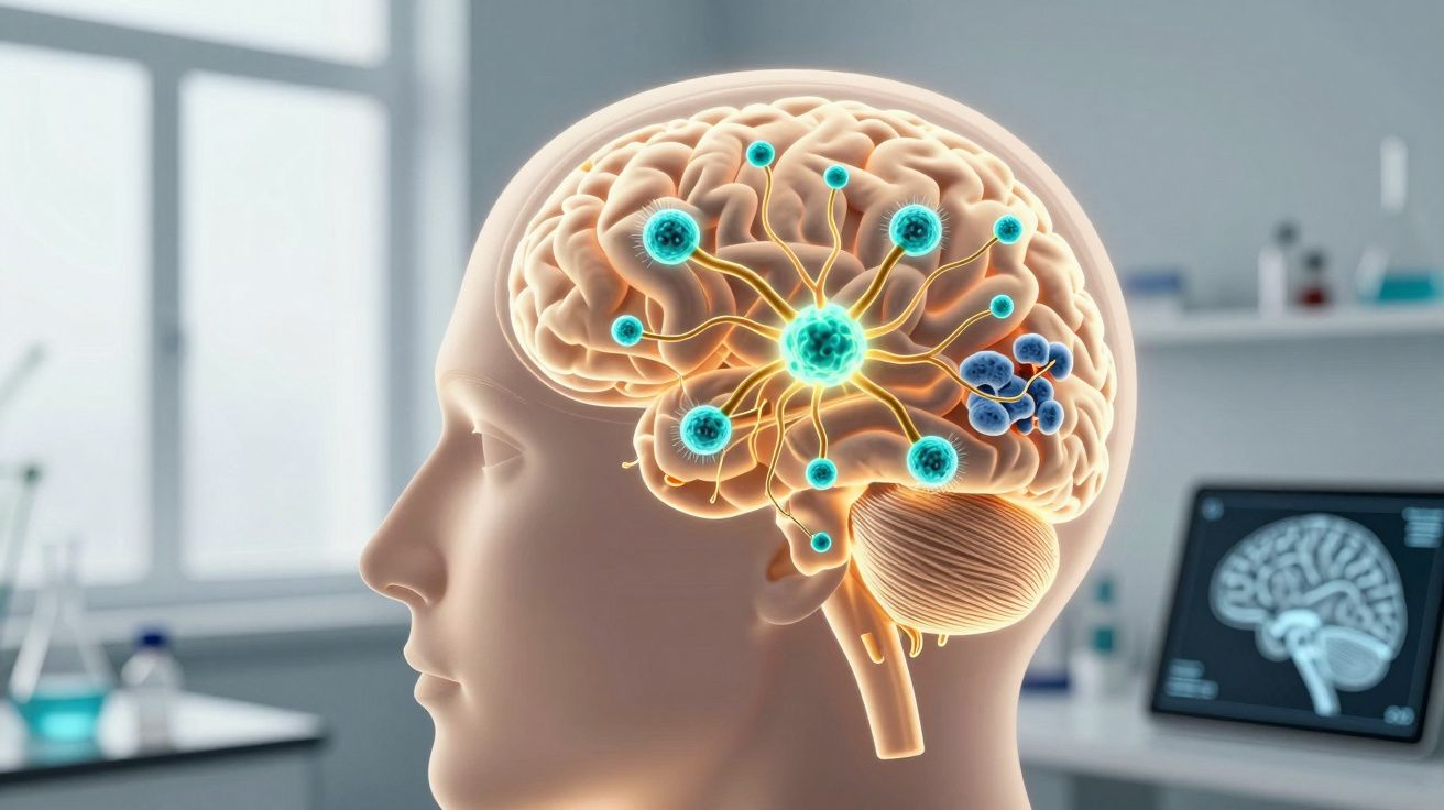 Ilustração do cérebro humano com conexões neuronais e células destacadas, em ambiente de laboratório.