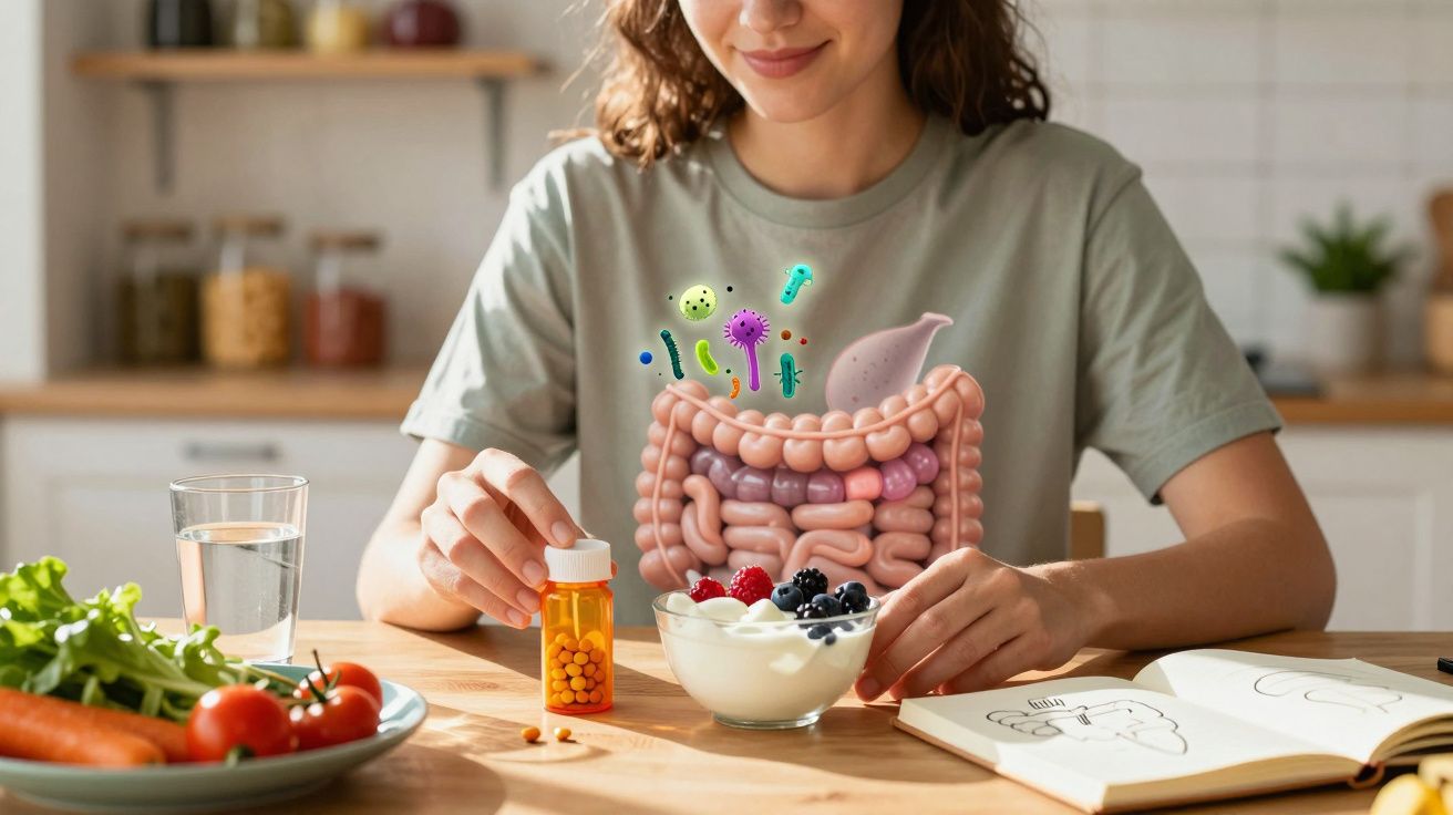 Pessoa segura suplemento com ilustração de intestino e probióticos sobrepostos, com iogurte e fruta à frente.