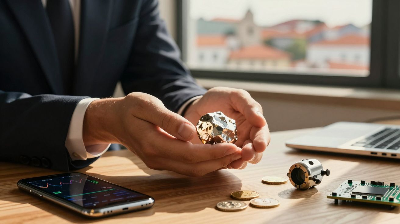 Pessoa de fato a segurar objeto metálico facetado enquanto está à mesa com telemóvel, moedas e placa eletrónica.