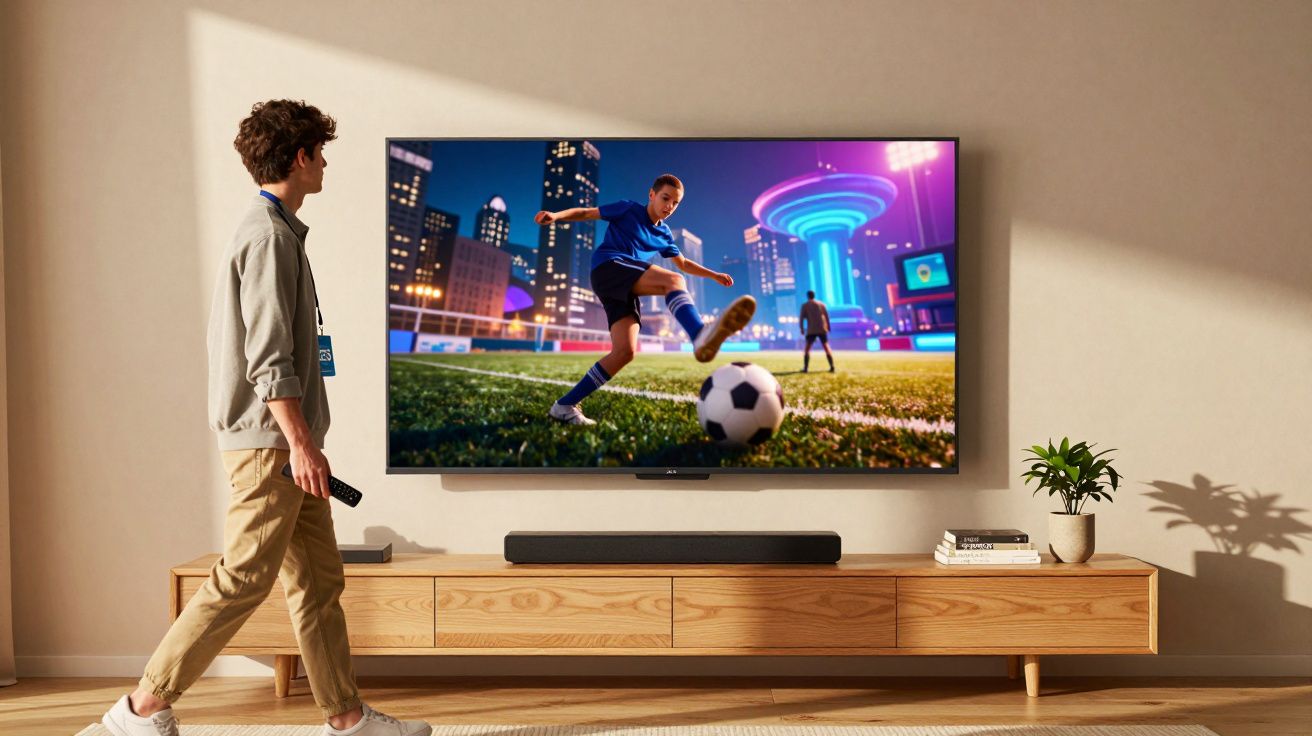 Pessoa a segurar comando e assistir a jogo de futebol animado numa televisão montada na parede.