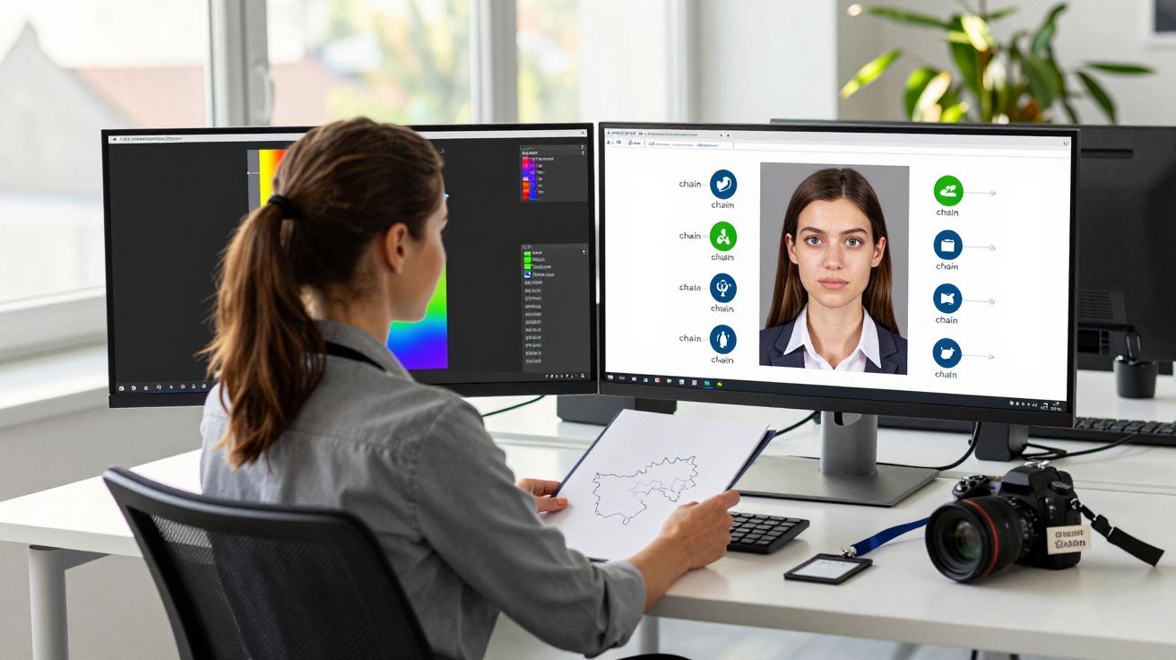 Mulher a analisar software de reconhecimento facial num escritório moderno com dois ecrãs e câmara fotográfica.