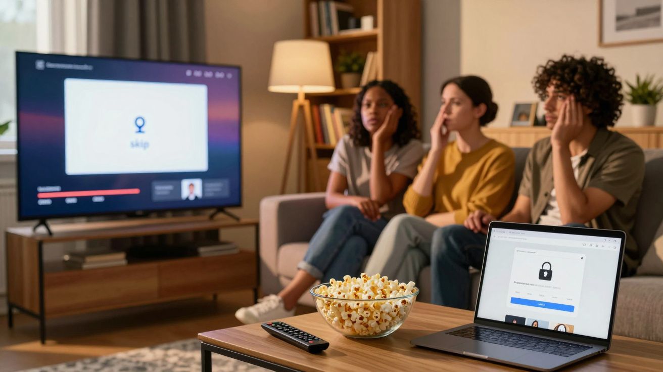 Três pessoas sentadas no sofá com expressão preocupada, TV ligada, laptop e taça de pipocas na mesa.