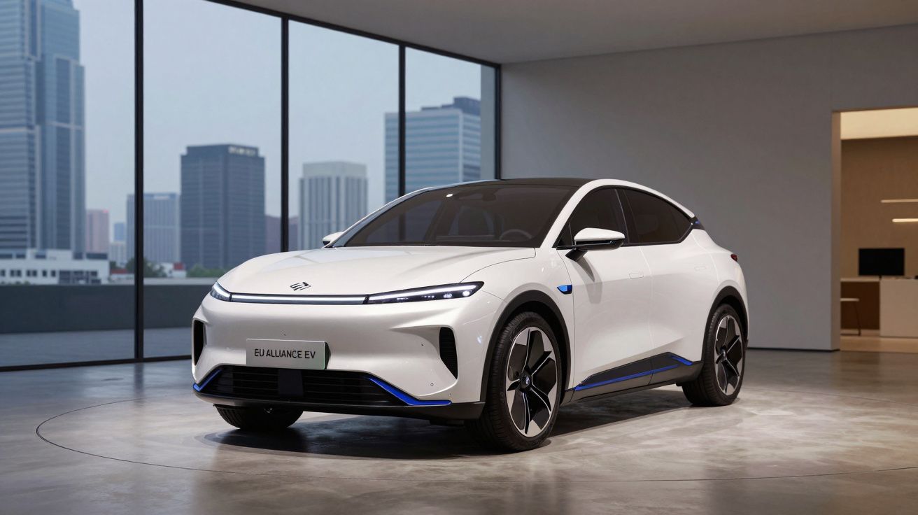 Carro elétrico branco EU Alliance EV numa sala moderna com janelas grandes e vista para cidade.