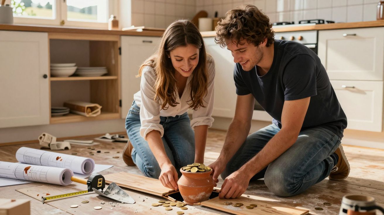 Casal jovem a guardar moedas num mealheiro em barro sentado no chão da cozinha durante obra.