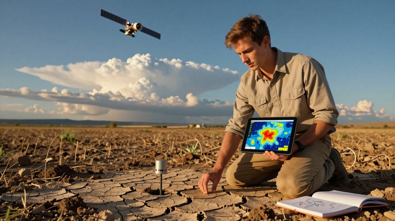 Homem analisa solo seco com tablet e aparelho de medição, satélite visível no céu ao fundo.