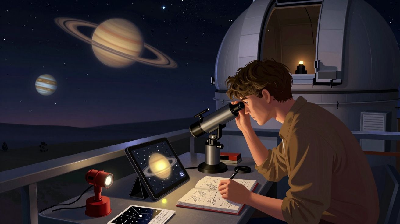 Jovem observa Saturno com telescópio na varanda de observatório, com notas e planetas no céu noturno.