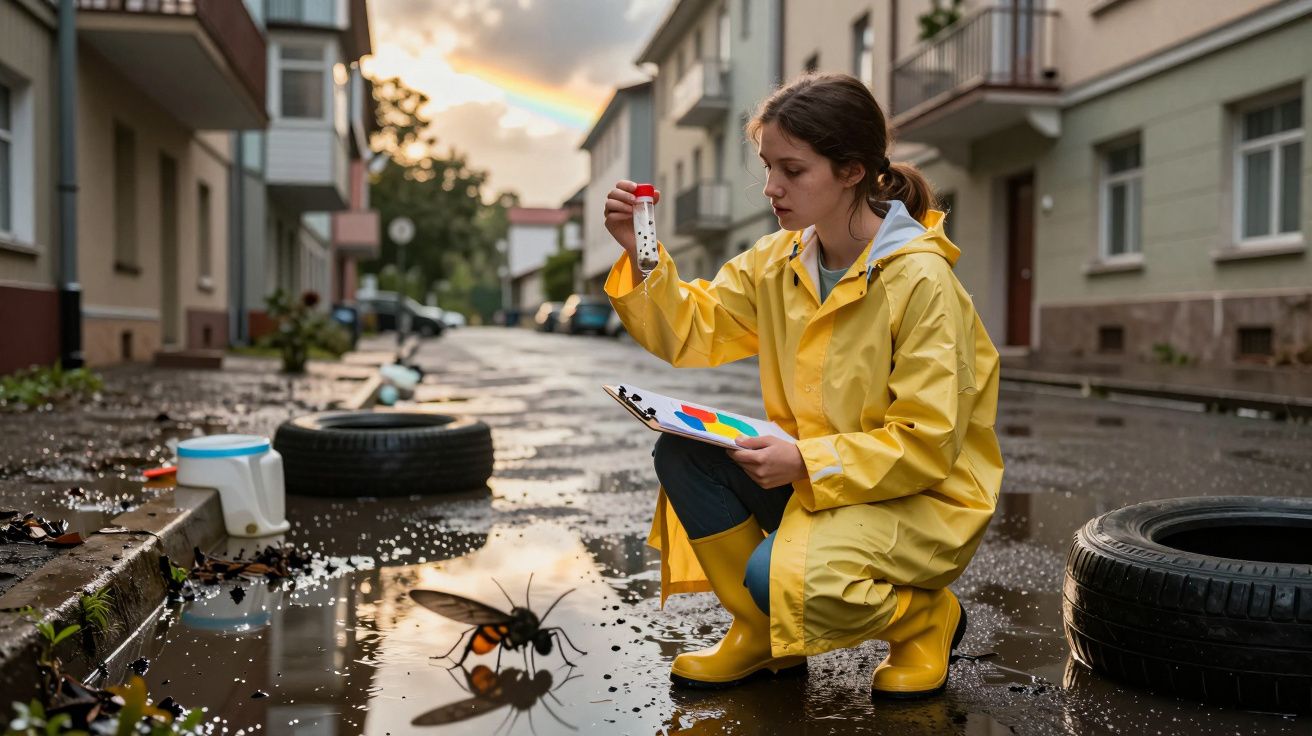 Mulher com fato amarelo segura tubo e paleta enquanto observa inseto gigante na rua molhada ao pôr do sol.