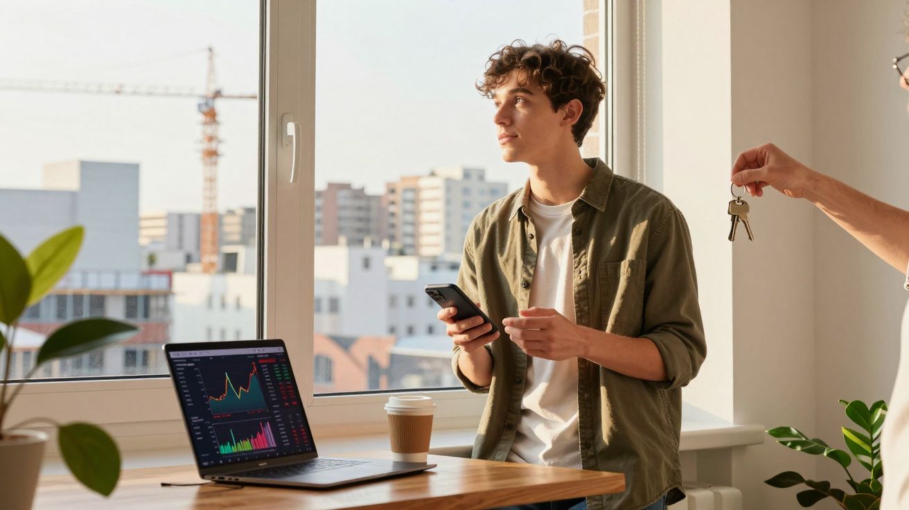 Jovem sentado junto a janela com portátil, café e a receber chaves numa sala iluminada por luz natural.