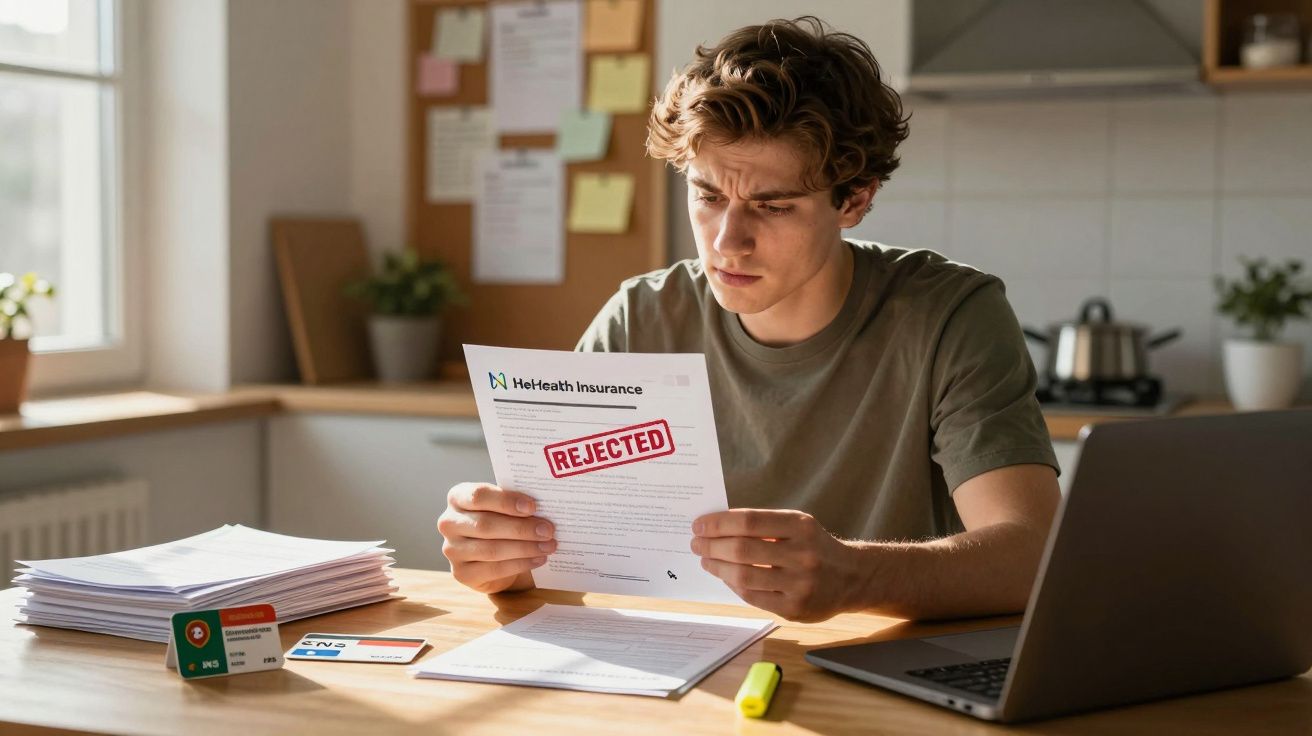 Homem preocupado lê carta de recusa de seguro de saúde sentado à mesa com computador e documentos.