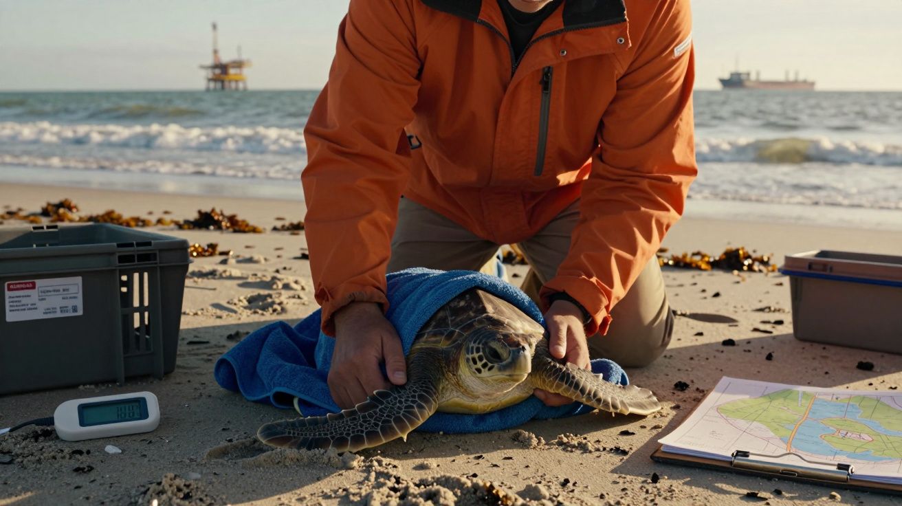 Pessoa com casaco laranja enrola uma tartaruga marinha com uma toalha azul numa praia junto ao mar.