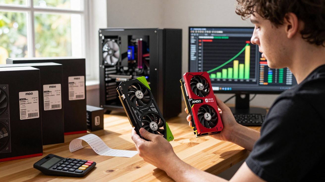 Homem sentado à secretária a comparar duas placas gráficas diferentes, com PC e monitor ao fundo.