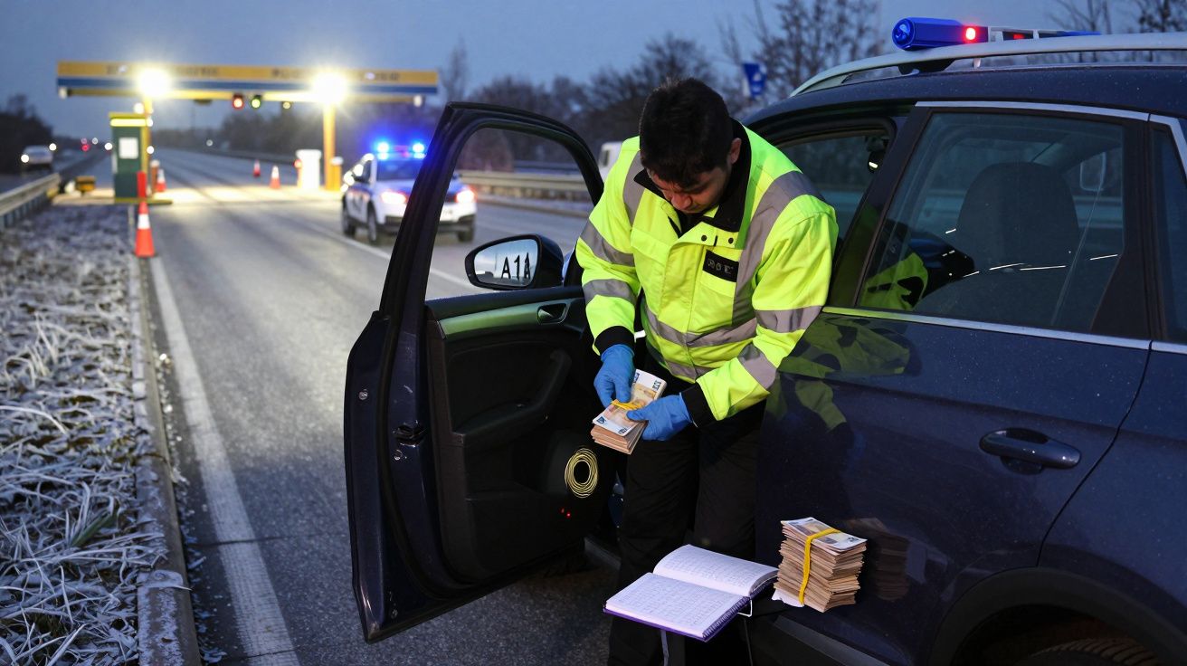 Polícia conta dinheiro ao lado de viatura parando carros numa estrada durante fiscalização ao anoitecer.