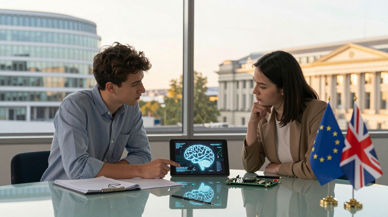 Duas pessoas discutem um projeto com imagem digital de cérebro num tablet, com bandeiras da UE e Reino Unido na mesa.