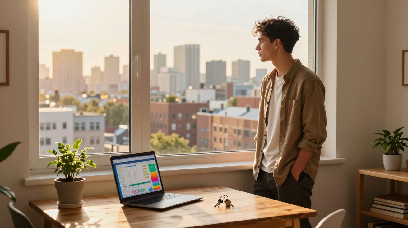 Jovem a olhar pela janela de escritório com portátil numa mesa e vista de cidade ao entardecer.