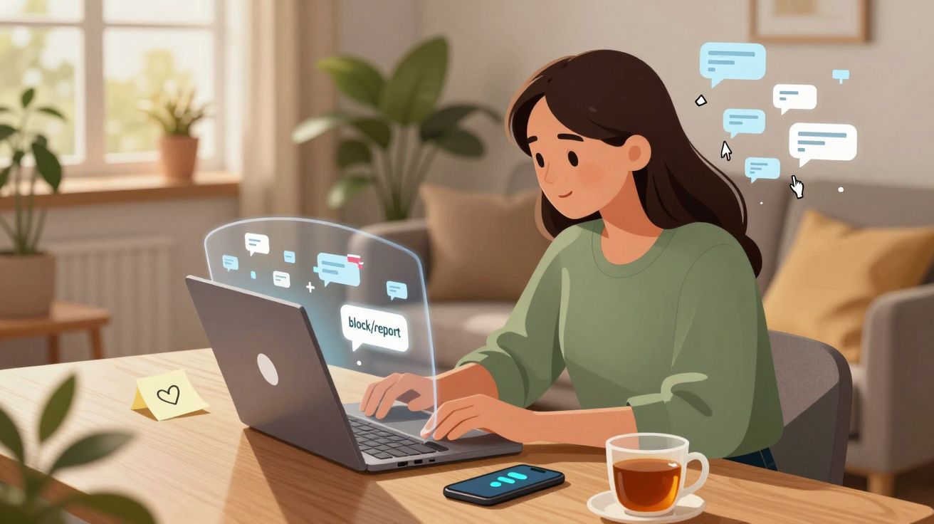 Jovem a usar um computador portátil com mensagens de chat e opção de bloquear/reportar numa sala iluminada.