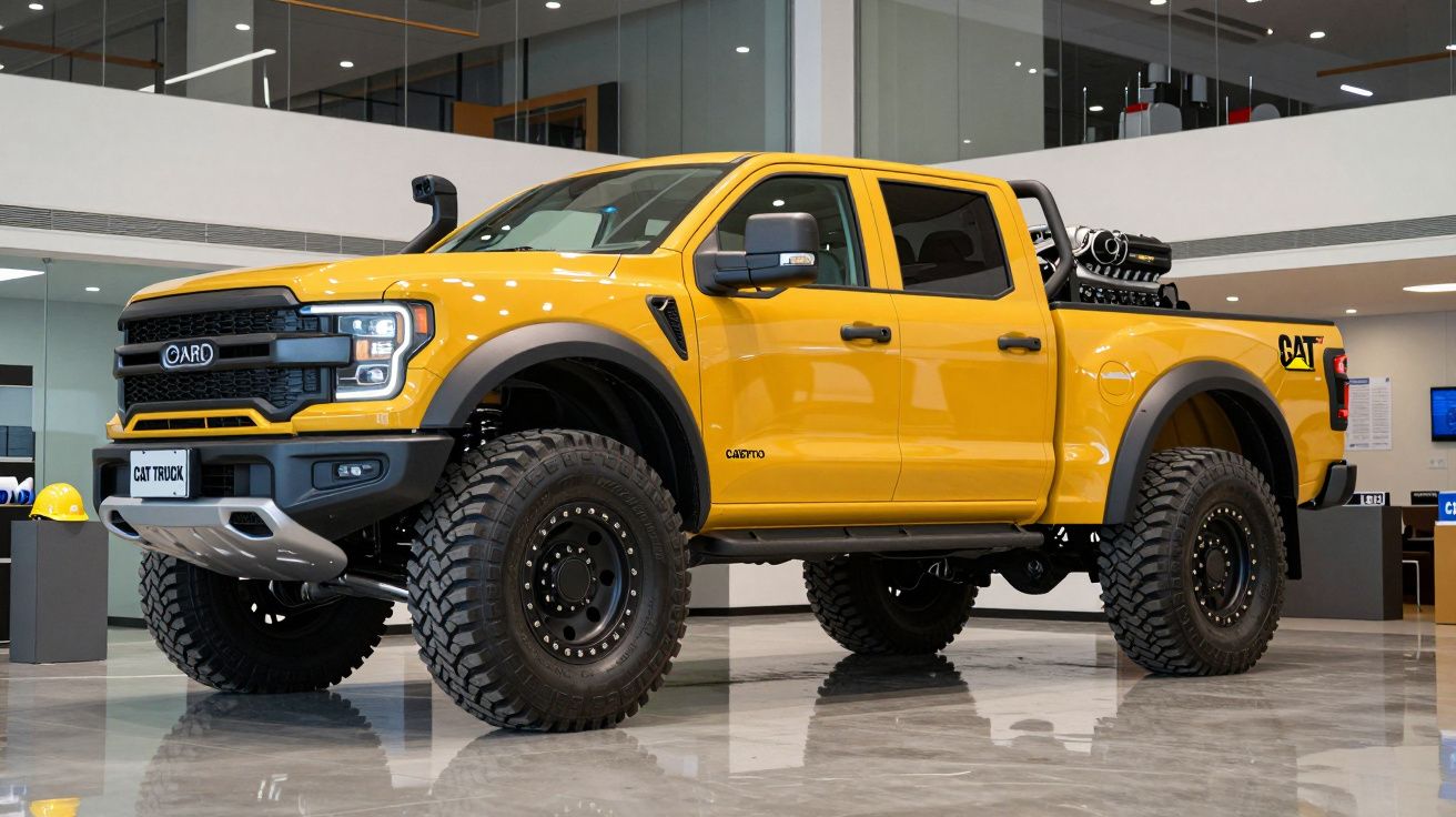 Pick-up amarela CAT com pneus grandes e suspensão elevada em showroom moderno.