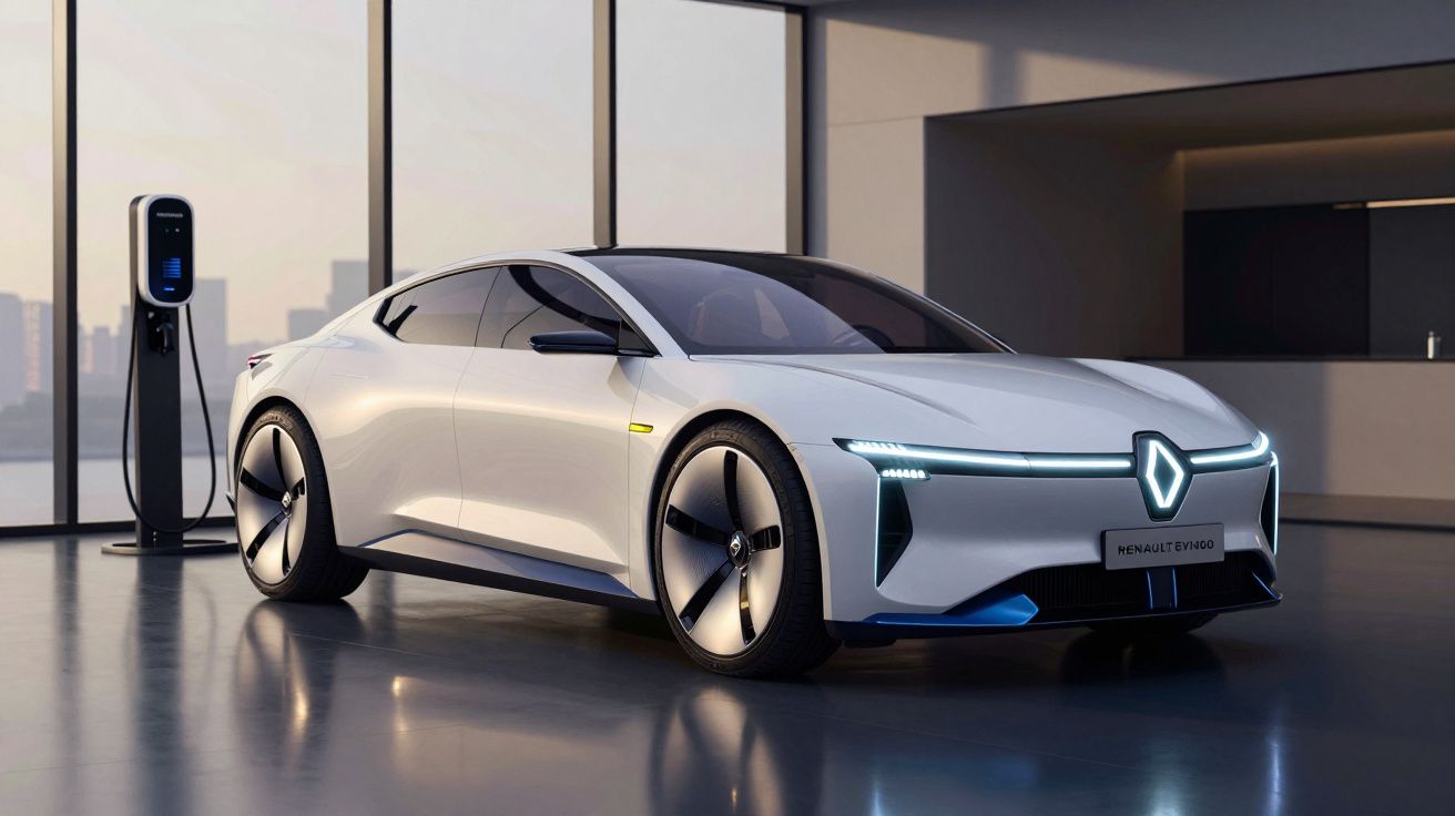 Carro elétrico branco estilo futurista a carregar numa estação de carregamento interior moderna.