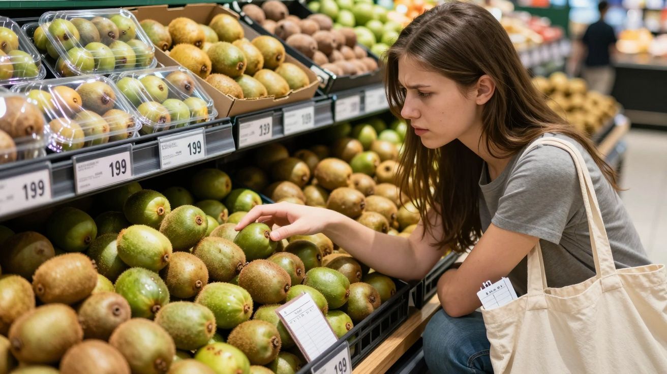 Mulher jovem escolhe kiwis na secção de frutas de um supermercado com saco de pano ao ombro.
