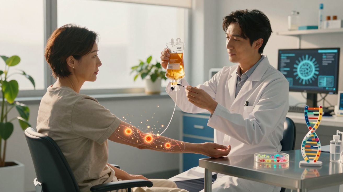 Médico a preparar transfusão intravenosa numa paciente num consultório moderno com representação digital do braço.