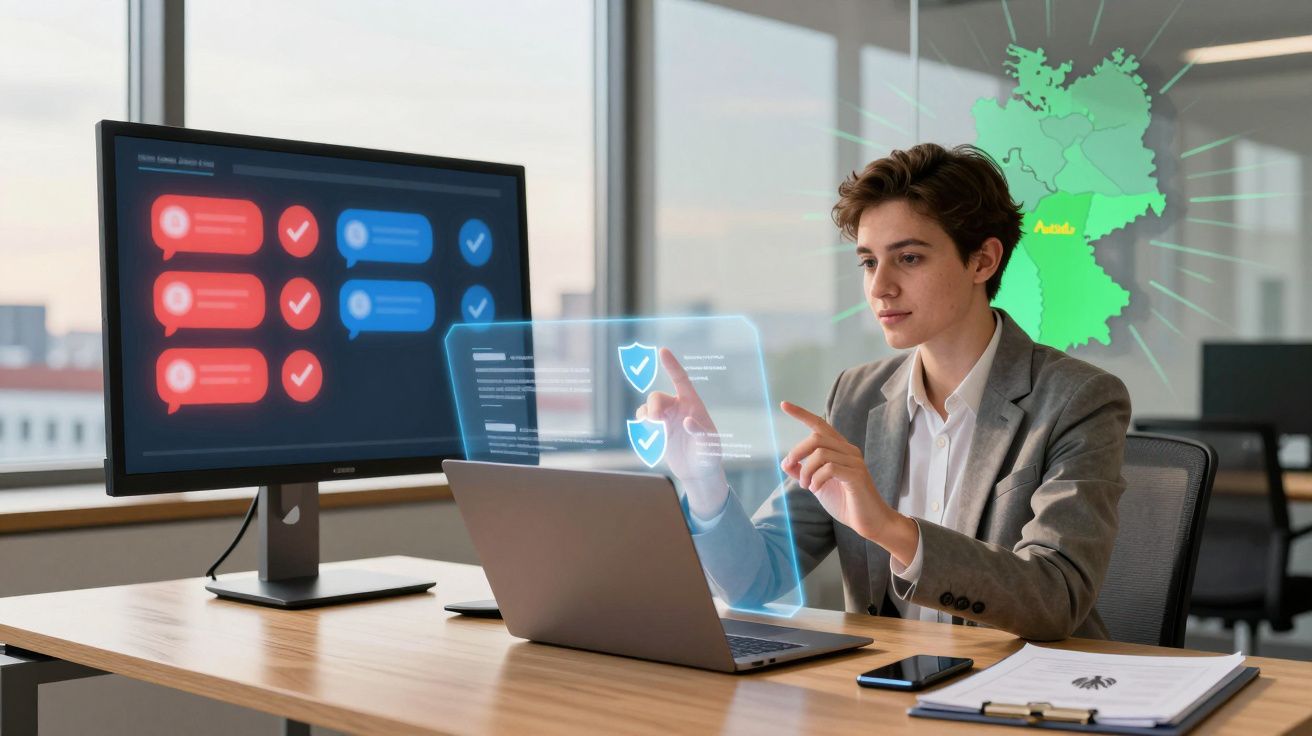 Jovem profissional interage com holograma de segurança digital num escritório moderno com mapa da Alemanha ao fundo.
