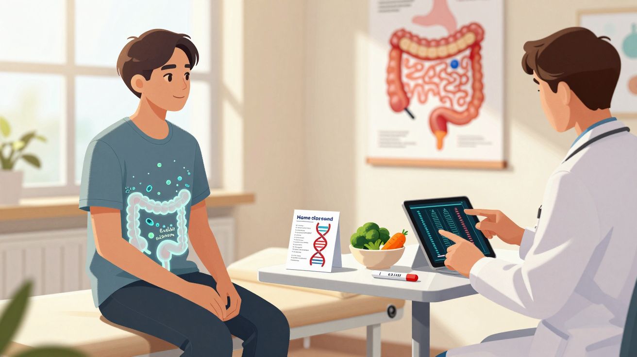 Paciente consulta médico num gabinete sobre saúde intestinal e dieta saudável.