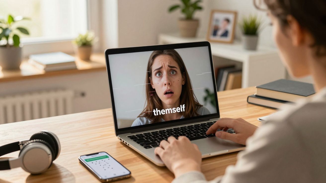 Pessoa sentada à secretária a ver vídeo de mulher preocupada num computador portátil.