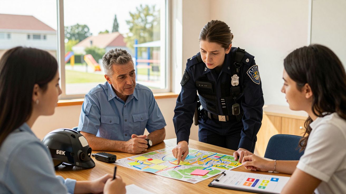 Polícia e equipa de segurança a planear estratégia sobre mapa numa sala iluminada.