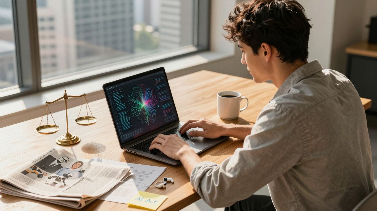 Jovem a trabalhar num portátil com gráficos coloridos, numa mesa com jornais, café e uma balança dourada.