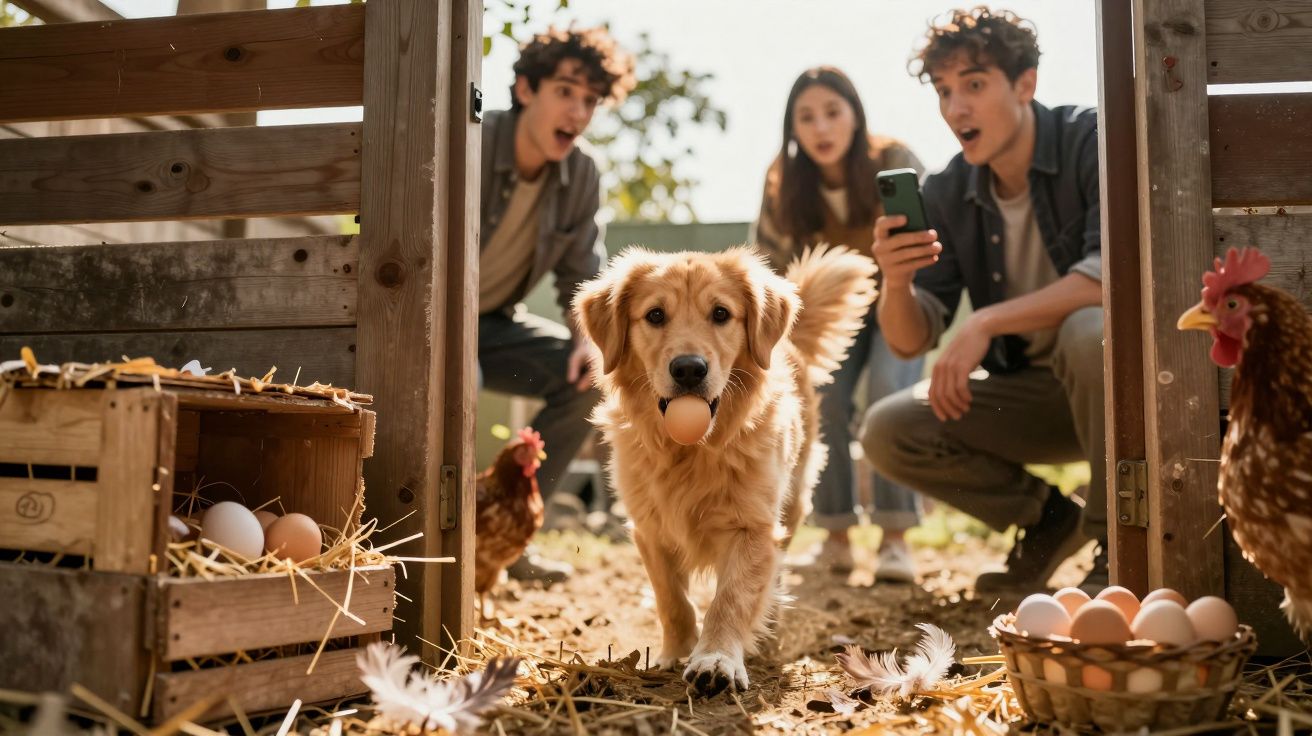 Cão golden retriever a sair do galinheiro com um ovo na boca, enquanto duas pessoas observam surpresas.