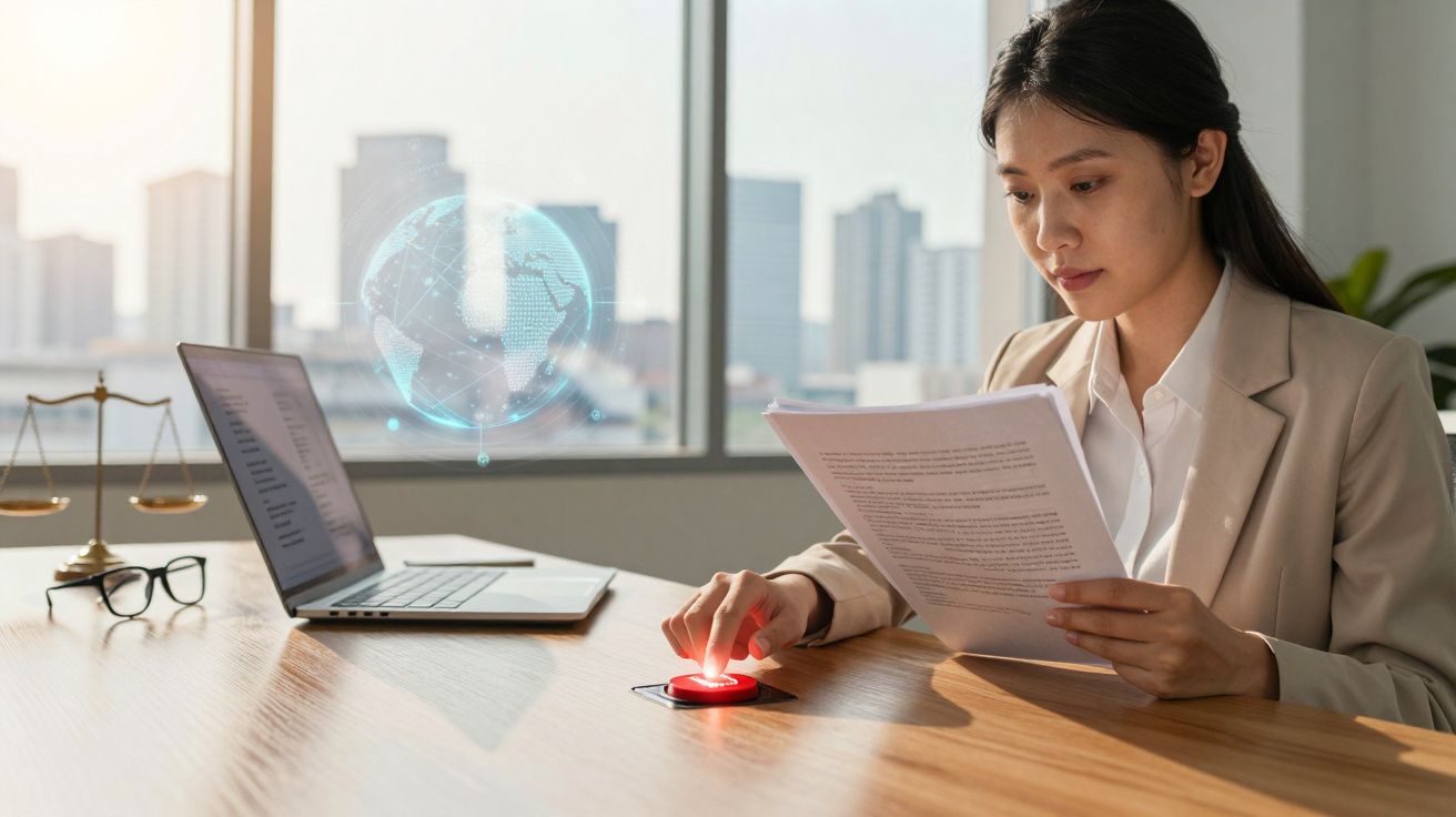 Mulher de negócios analisa documentos e pressiona botão digital numa mesa com portátil e balança de justiça.