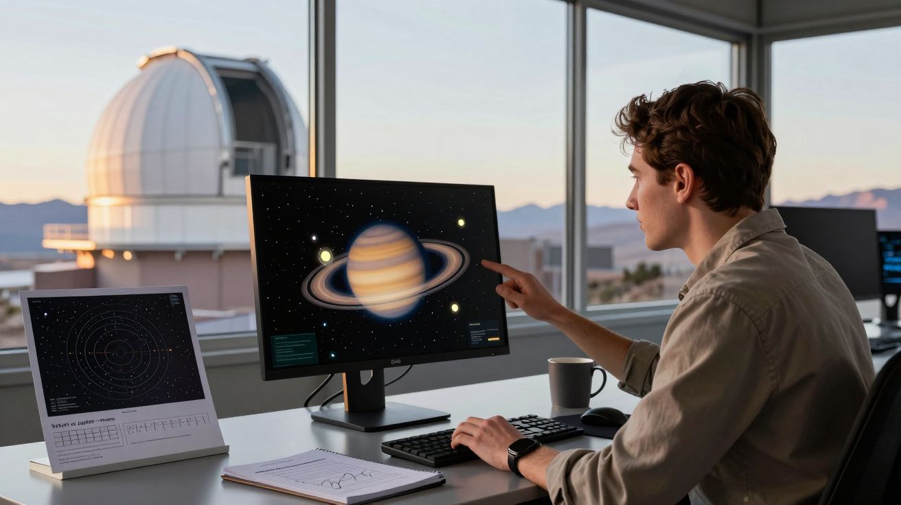 Homem sentado num escritório a apontar para uma imagem de Saturno num ecrã de computador com observatório ao fundo.