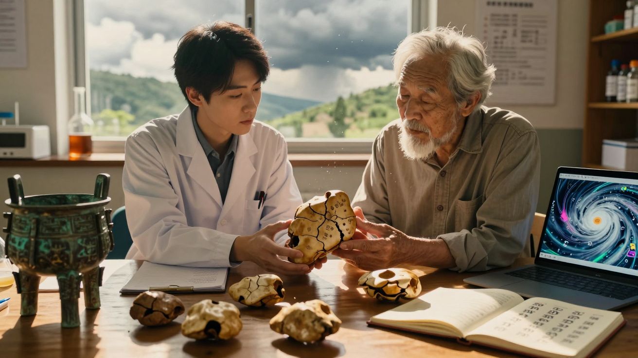 Médico jovem e idoso examinam fósseis na mesa com laptop e livro numa sala iluminada pela janela.