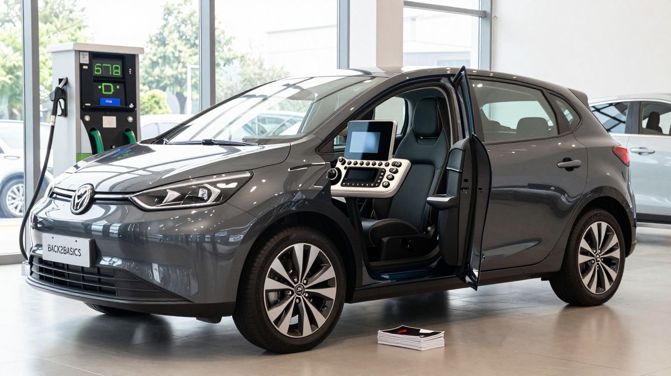 Carro elétrico Volkswagen Cinza com porta dianteira aberta e painel touchscreen no interior, em exposição numa sala moderna.