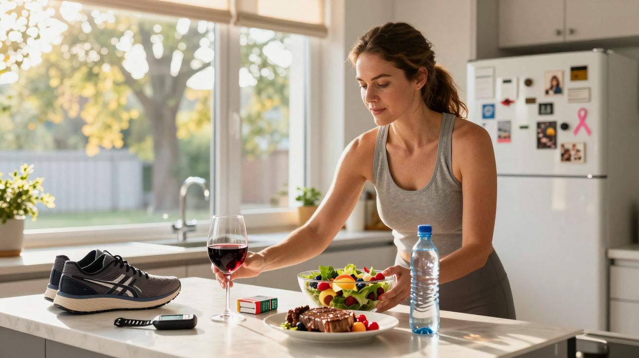 Mulher em roupa desportiva pega taça de vinho tinto numa cozinha, com salada e bife na mesa.