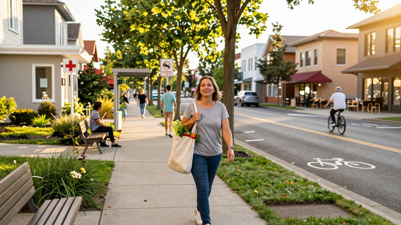 Mulher a caminhar numa rua com sacola de compras contendo legumes ao final da tarde.