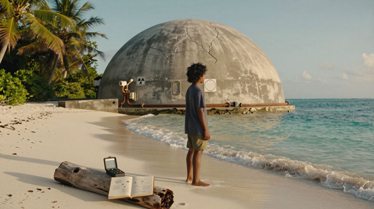 Jovem de pé na praia junto ao mar, olhando para uma grande estrutura cilíndrica ao fundo, com livro aberto na areia.