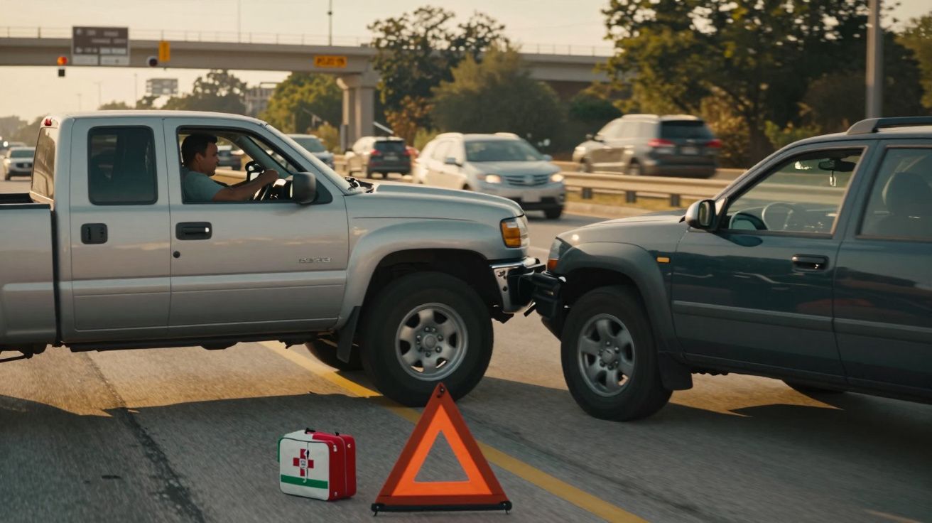Colisão frontal entre duas carrinhas numa estrada, com triângulo de sinalização e caixa de primeiros socorros no chão.