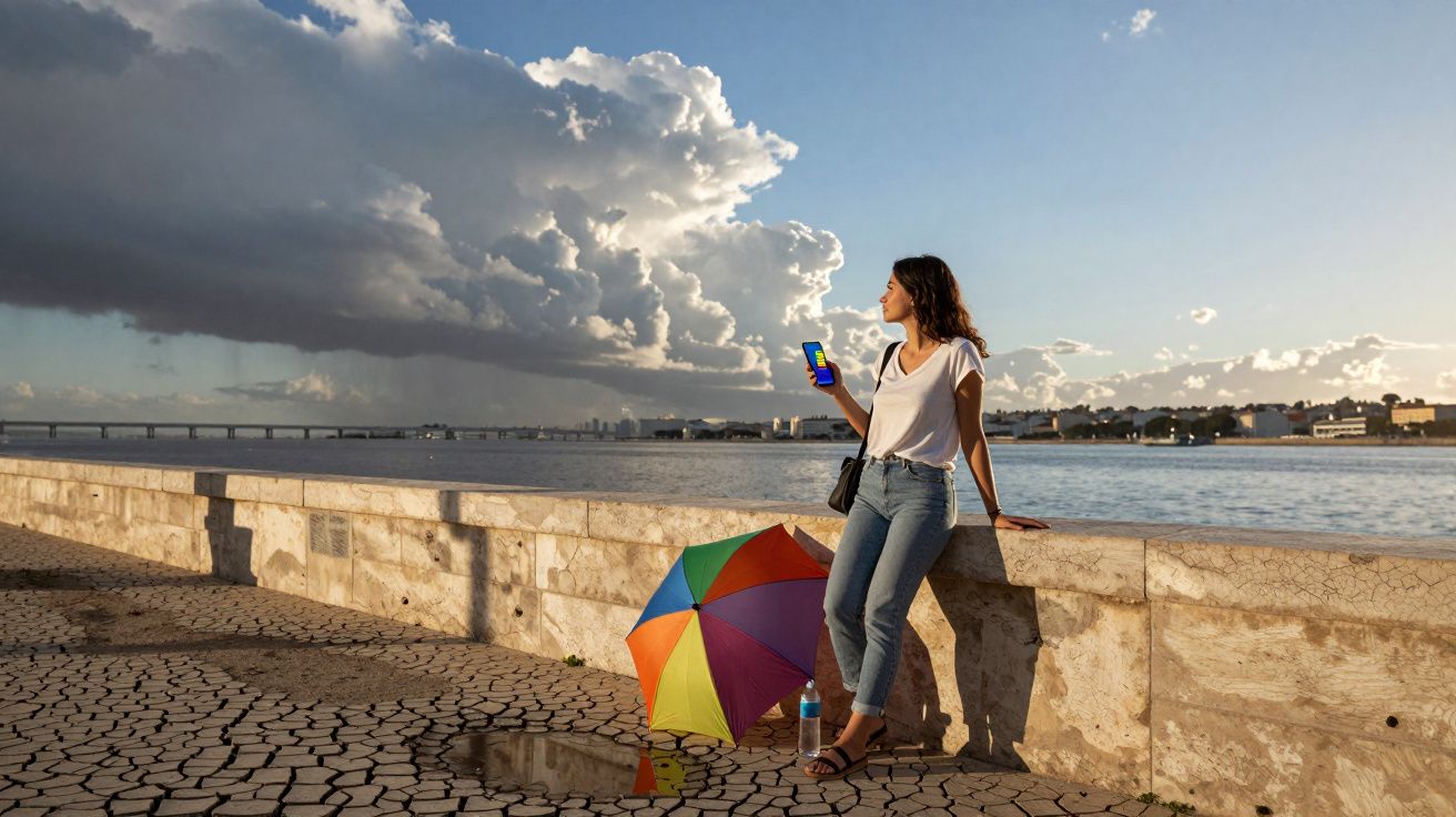Mulher encostada no muro à beira-rio, segurando telemóvel, com guarda-chuva colorido e céu com nuvens.