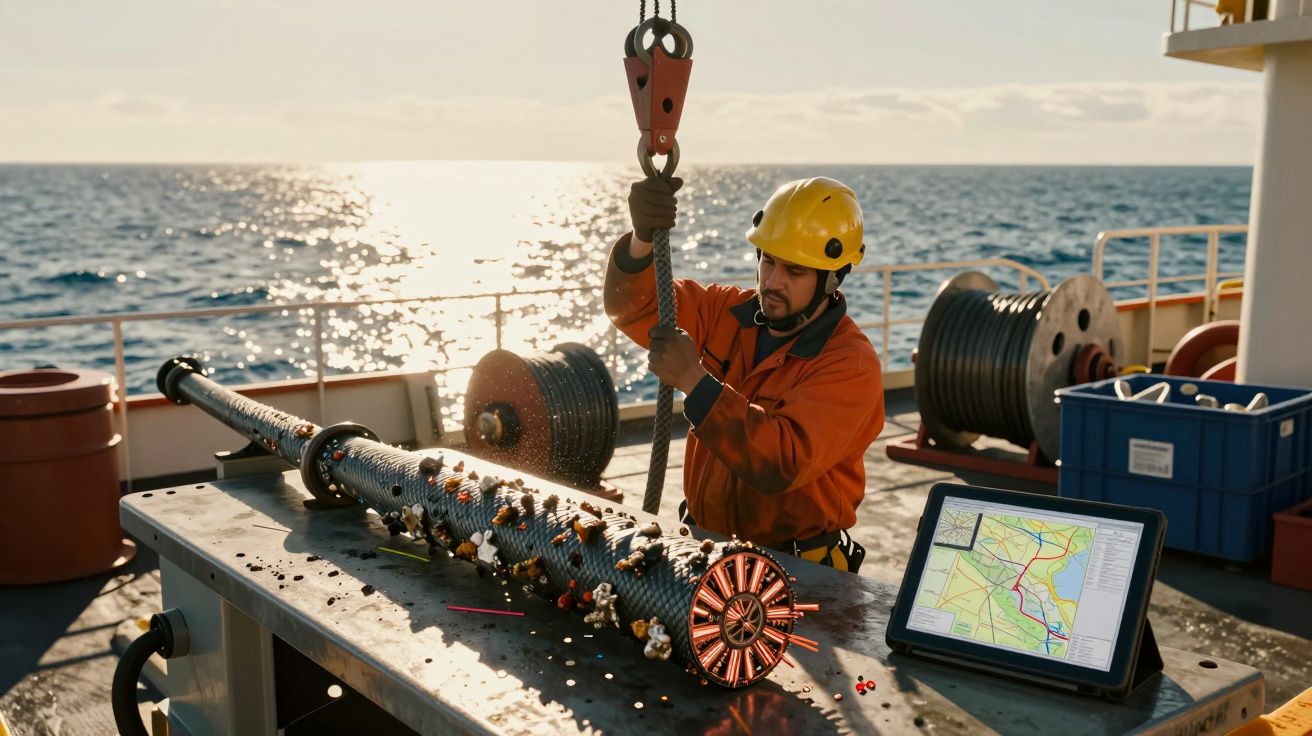 Trabalhador marítimo com capacete amarelo manipula equipamento marinho num barco ao pôr do sol.