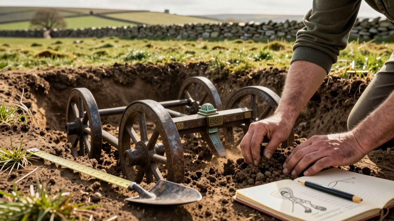 Pessoa a escavar e examinar solo junto a um robot com rodas, régua, pá e caderno de desenhos no campo.